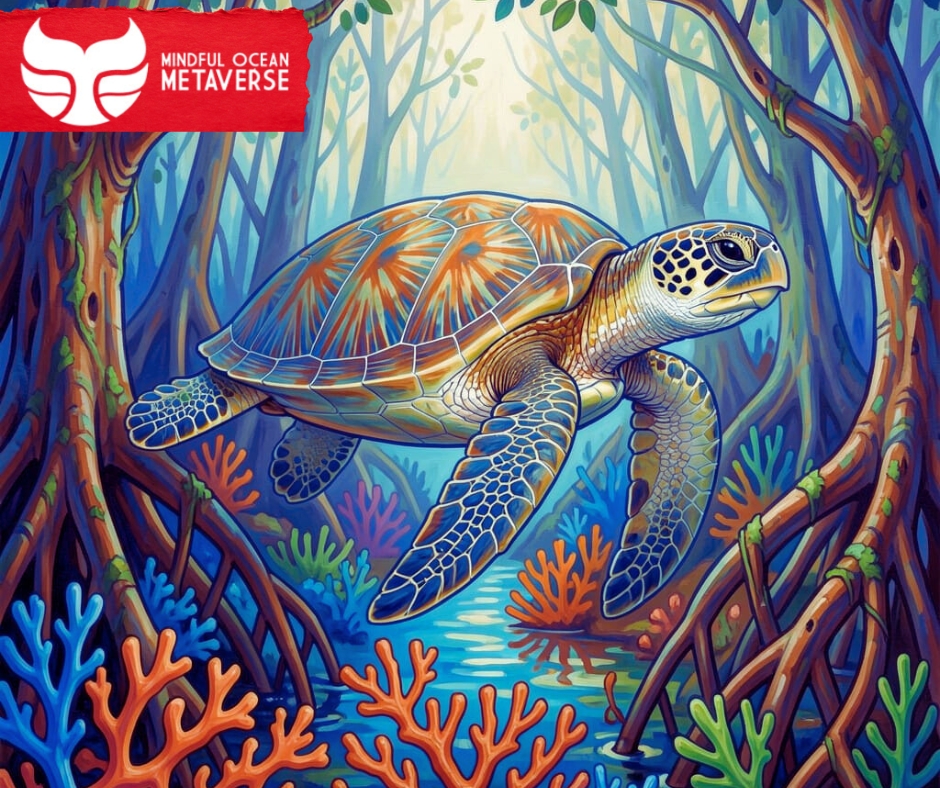🐢 Juvenile turtles use mangrove forests as early-life shelters before heading offshore. Healthy mangroves mean healthier turtle populations. #MindfulOceanMetaverse #MakeArtSaveOcean #OceanTrivia