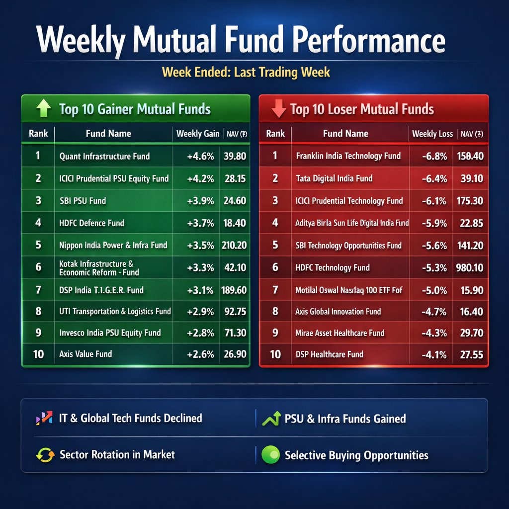 📊 Weekly Mutual Fund Snapshot

🔼 PSU &amp; Infra funds lead
🔽 Tech &amp; global funds struggle

Clear sector rotation in action.

Volatility remains; selectivity matters.

#MutualFunds #MarketUpdate #IndianMarkets #Investing