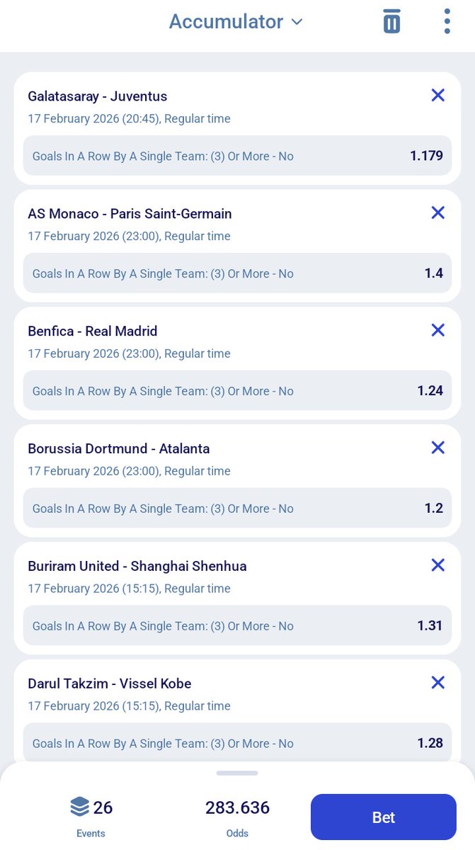 Mokonzi47's tweet photo. Very possible with the selected events.

280 Odds

No specific Goals in a row by a single team.

Paripesa code : A1HPH

Site link : https://t.co/30VkLFE8fs https://t.co/RMQSmxkqix