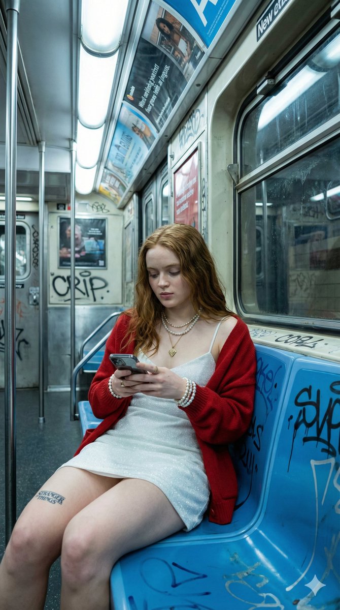 SinbadHarem's tweet photo. Gemini 3 - Sadie Sink inside the subway. https://t.co/55cHBsLzIU