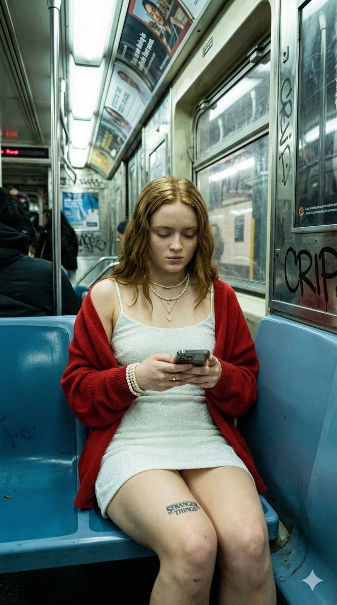 SinbadHarem's tweet photo. Gemini 3 - Sadie Sink inside the subway. https://t.co/55cHBsLzIU