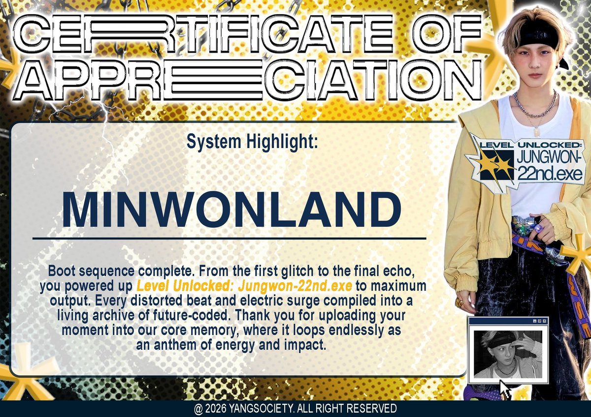 Dear <a href="/YangSociety/">ⓘ Now Loading.. 𝗝𝘂𝗻𝗴𝘄𝗼𝗻 𝗟𝗲𝘃𝗲𝗹 𝟮𝟮! 💥</a>, thank you for trusting us as your media partner. Being part of this project has been a rewarding and inspiring journey. We truly appreciate the collaboration and hope to create more meaningful moments together in the future. ✨

Best regards,
MINWONLAND