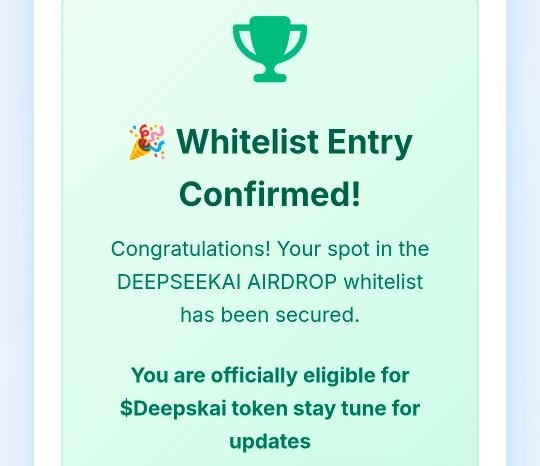 ⏰ All Whitelist Entry ends today

This is the final opportunity to register for the $Deepskai Airdrop.

Airdrop Details:
• 1,000,000,000 $deepskai token minted 
joinhere: deepskai.pages.dev

• Drop Solana wallet &amp;
 Retweet 

⏰ DISTRIBUTION February 18.
Join TG👇