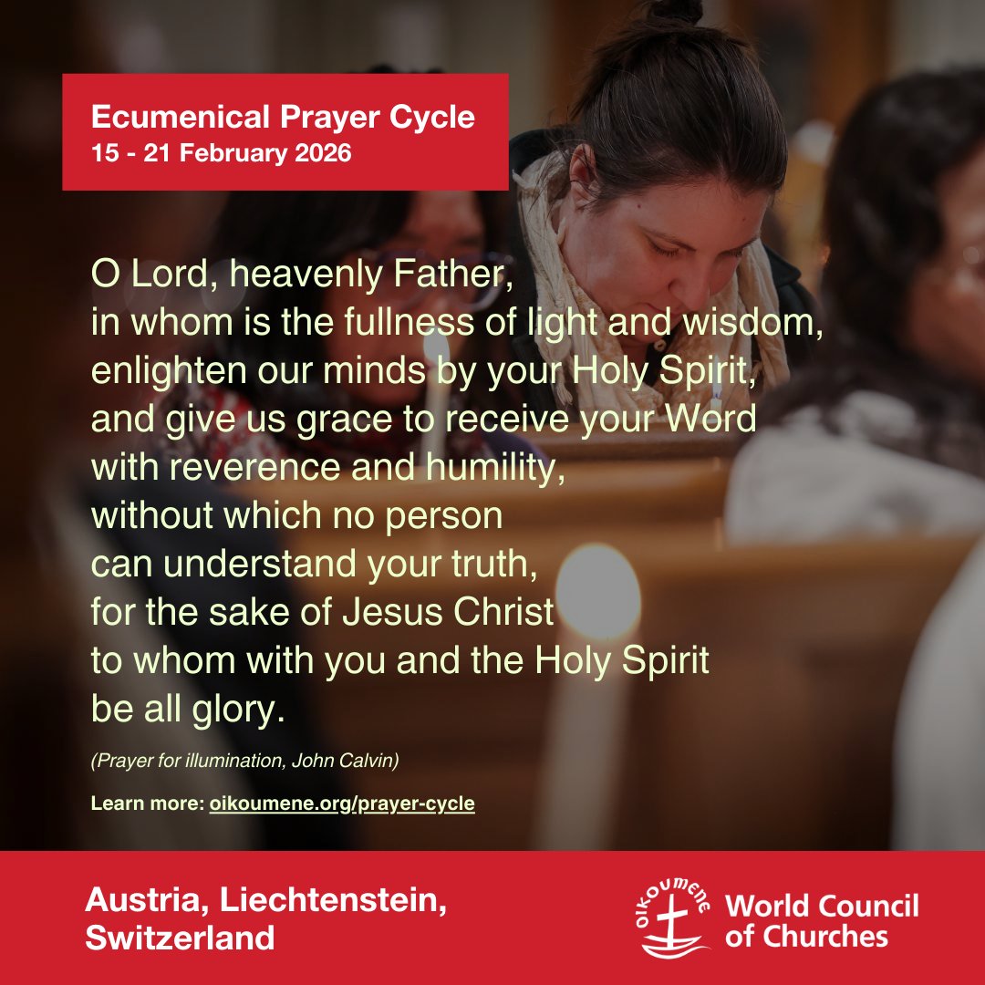 Oikoumene's tweet image. 🌏 The #EcumenicalPrayerCycle takes us through every region of the world over a year. This week we pray for #Austria, #Liechtenstein, and #Switzerland.
🗓️ 15 - 21 February 2026
🙏 Find the prayer material here: oikoumene.org/resources/pray…