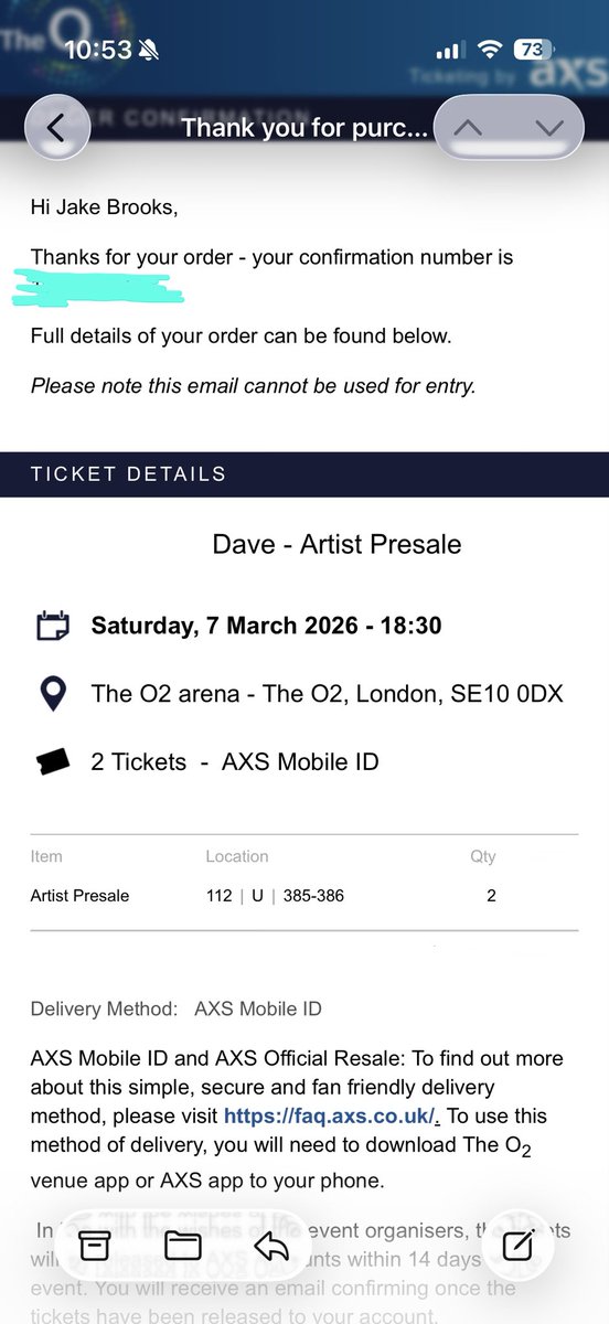 Two tickets for sale for Dave in London on Saturday 7th March - DM