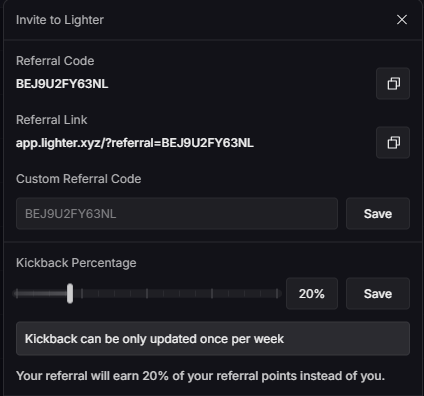 🪂 Lighter Seasson 3 is comming (250M $LIT) , now you can share a % of your referral points with your referrals!

🚀 I will share the 20% of my referral points 

🕯️Join and earn extra points here:
➡️app.lighter.xyz/?referral=BEJ9…

<a href="/Lighter_xyz/">Lighter</a> #glighter