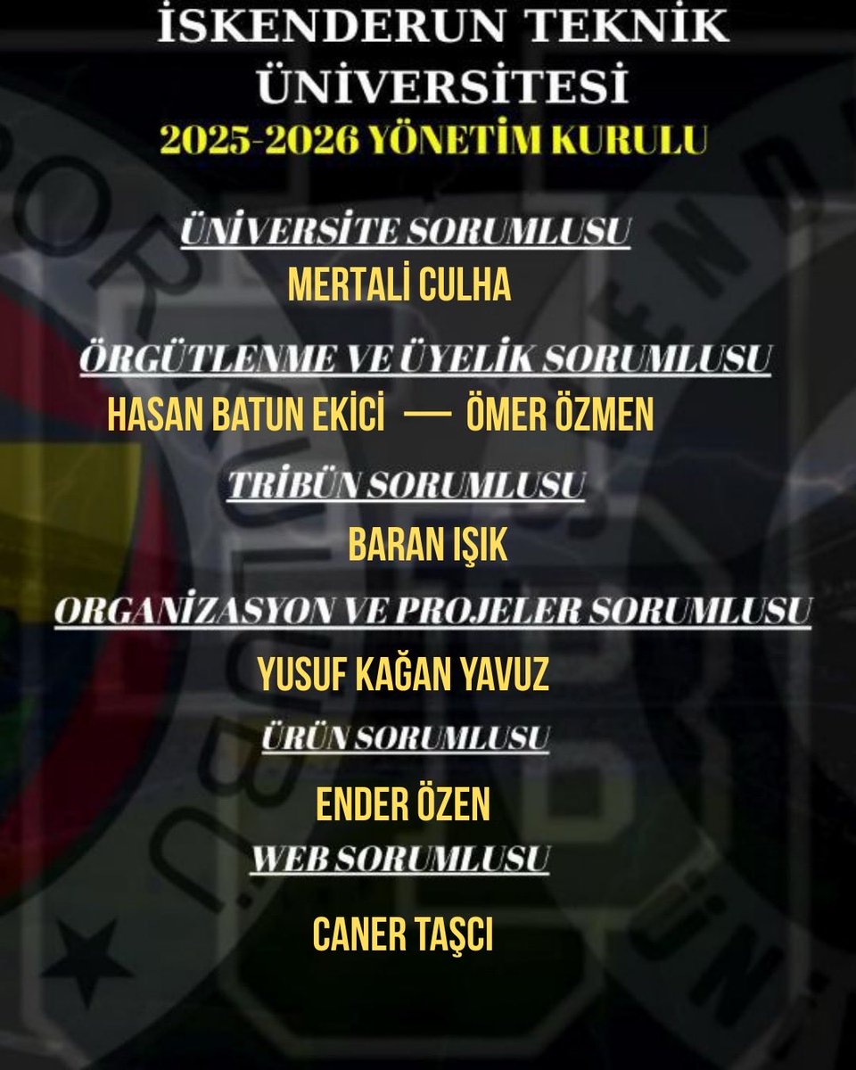 1907 ÜNİFEB İskenderun Teknik Üniversitesi örgütlenmesi olarak 2025-2026 yılı Yönetim Kurulumuz yapılan toplantılar sonucunda belirlenmiştir.
Yönetim Kurulumuz şu şekildedir;