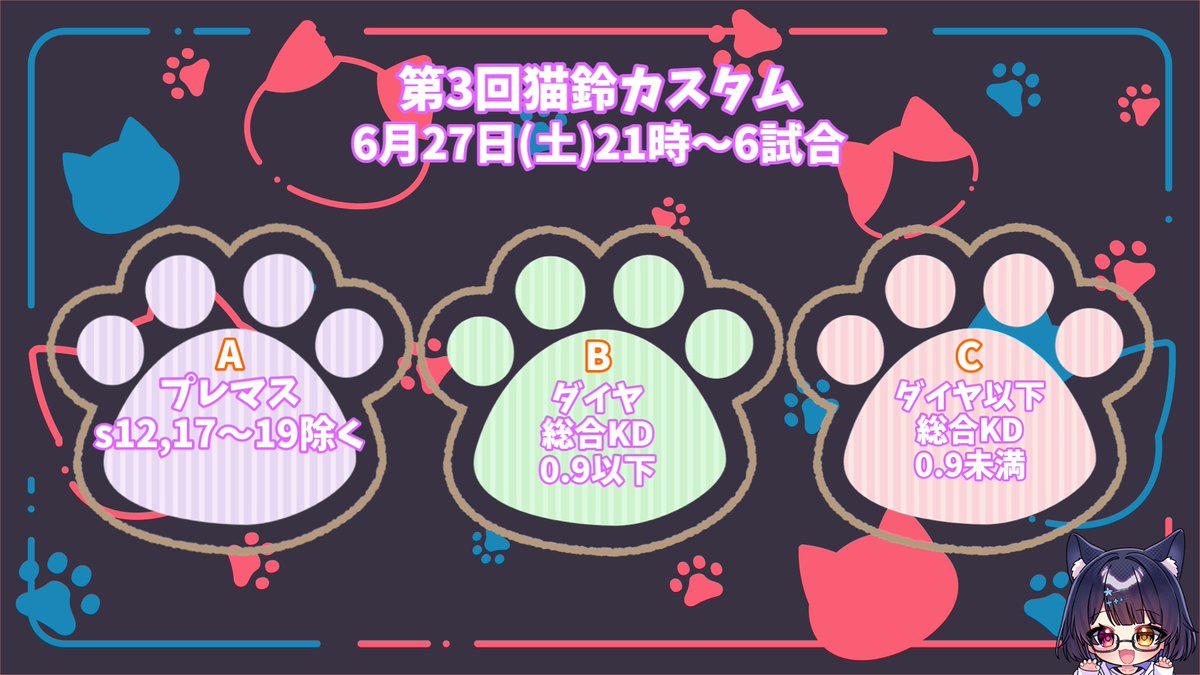 Nekosuzu_Twitch's tweet photo. 第3回猫鈴カスタムの告知となります。今回は初めての試みのドラフトカスタムです！
ちなみに60人集まらなかった場合泣いて通常カスタムに変えます。みんな拡散お願いします！
応募締め切り3月28日としその後4月4日頃当選者の方に運営から連絡します。

応募フォームはこちら
https://t.co/tbZxI25yW4 https://t.co/RZjwIkQJRP