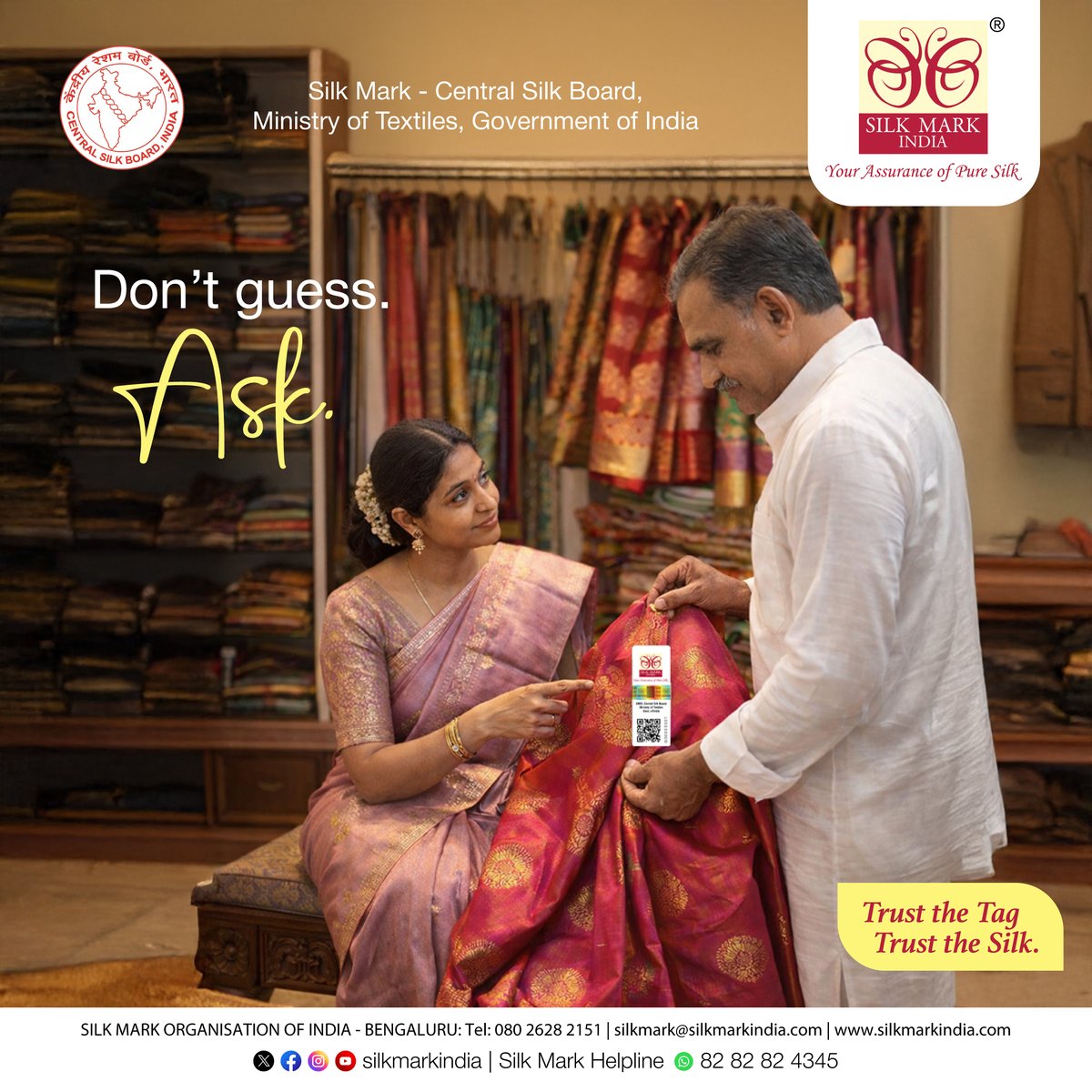 silkmarkindia's tweet photo. Don’t guess. Ask.

Before buying silk, check for the Silk Mark label — your assurance of genuine silk.

🏷️ Trust the Tag. Trust the Silk.

#SilkMark #PureSilk #BuyAuthentic #IndianTextiles https://t.co/Hz6lbw8hyf
