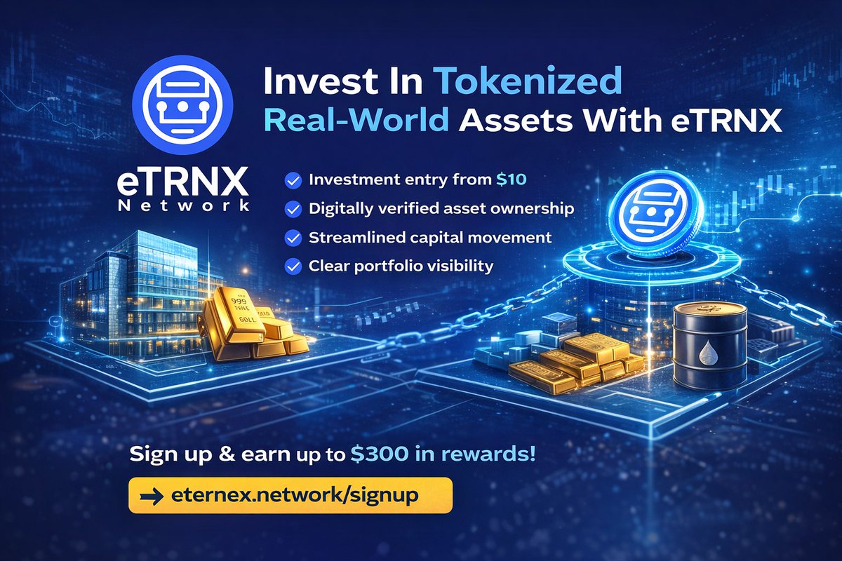 etrnxoffical's tweet photo. $eTRNX delivers direct access to tokenized real-world investments.

The platform enables investors to allocate capital into real estate, commodities, and structured funds — all represented on-chain with transparent ownership and efficient execution.

Key capabilities:
• Investment entry from $10
• Digitally verified asset ownership
• Streamlined capital movement
• Clear portfolio visibility

Built with structure, precision, and real utility in mind.

👉 Sign up & earn up to $300 in rewards:  🔗https://t.co/PVGHa3cSN5

#eTRNX #RWAs #Tokenization #Blockchain #Investing #Finance #Crypto #Solana #TrendingNow #Trending #Tothemoon