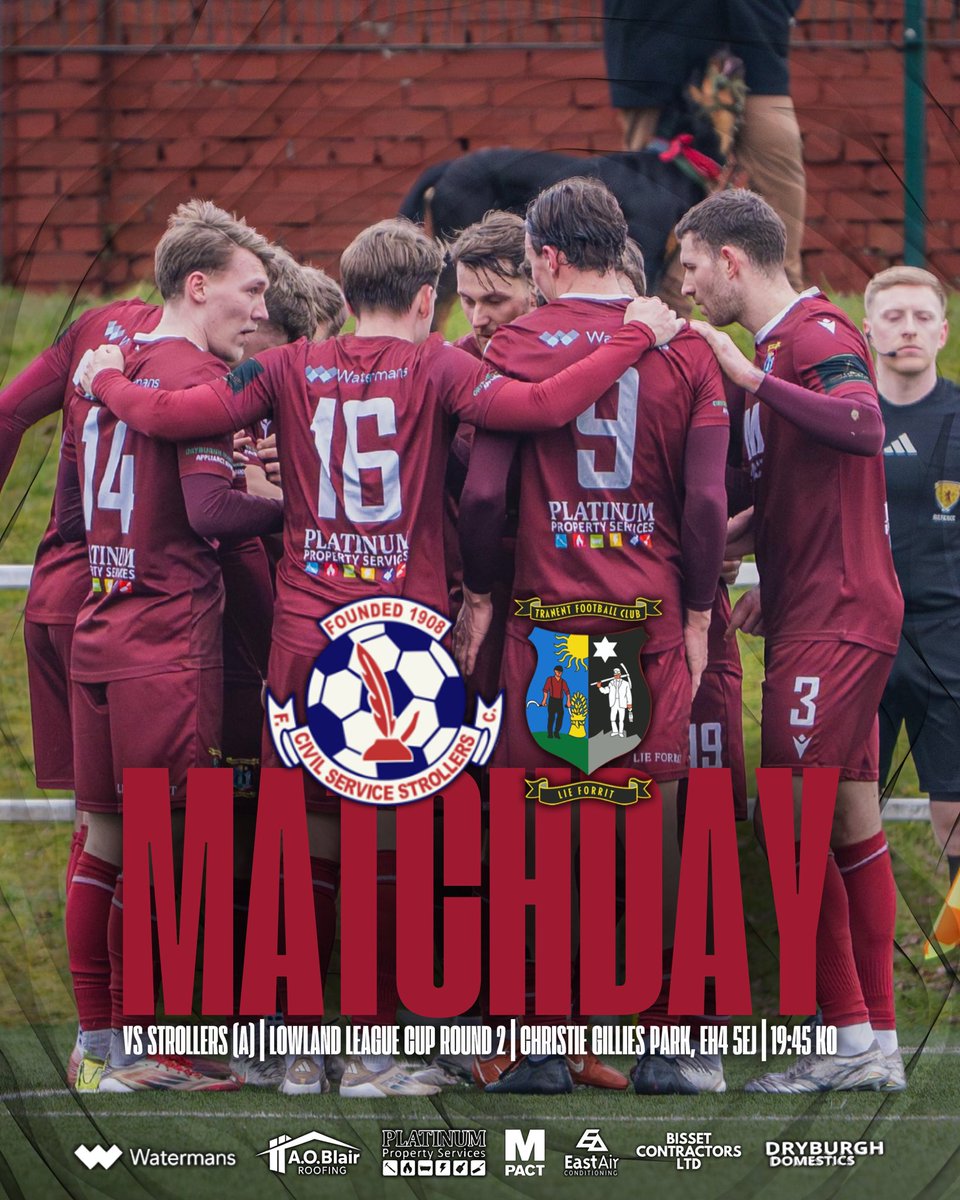 TranentFC's tweet photo. 🏆 𝐌𝐚𝐭𝐜𝐡𝐝𝐚𝐲: 𝐒𝐭𝐫𝐨𝐥𝐥𝐞𝐫𝐬 (𝐀)

We face Civil Service Strollers away from home today in the second round of the Lowland League Cup! Get yourself through to Edinburgh and back the Belters! 👏

🆚 @CSStrollers
🏆 @OfficialSLFL Cup Round 2
🗓️ Tuesday 17th February 2026
📌 Christie Gillies Park, EH4 5EJ
⏰ 19:45 kick-off 

#TheBelters 🇱🇻 #LieForrit