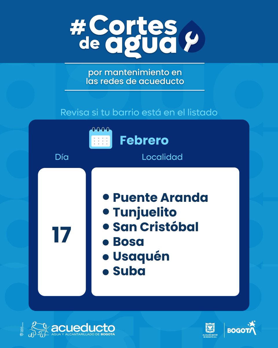AcueductoBogota's tweet image. ⚠️ ¡Atención residentes de #PuenteAranda, #Tunjuelito, #SanCristóbal, #Bosa, #Usaquén y #Suba!

Hoy, martes 17 de febrero, se llevarán a cabo #CortesDeAgua🚱programados para realizar trabajos de mantenimiento y reparación en las redes de distribución.

Consulta horarios y