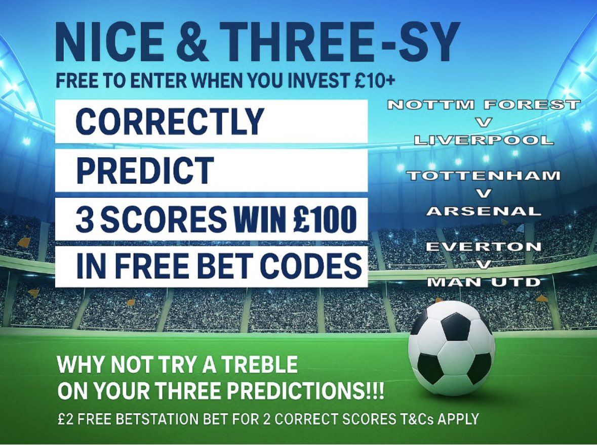 Betdavepluck's tweet photo. From Thursday This Week! 👀 

Invest £10 for entry into our guess the scores promotion! 

Top prize of £100 in FREE bets for everyone who gets all 3 correct!! ⚽️ https://t.co/A9t95rMfqZ