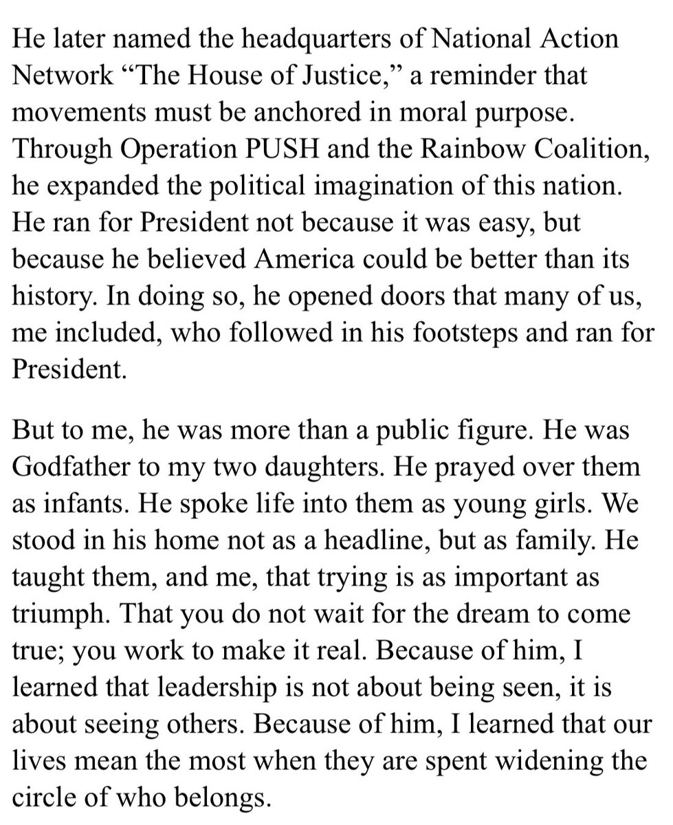 TheRevAl's tweet photo. New York, NY (February 17, 2026) - “Today, I lost the man who first called me into purpose when I was just twelve years old. And our nation lost one of its greatest moral voices. The Reverend Dr. Jesse Louis Jackson was not simply a civil rights leader; he was a movement unto himself. He carried history in his footsteps and hope in his voice. One of the greatest honors of my life was learning at his side. He reminded me that faith without action is just noise. He taught me that protest must have purpose, that faith must have feet, and that justice is not seasonal, it is daily work. In 1969, when I was still a teenager trying to find my place in this struggle, Rev. Jackson appointed me youth director of the Brooklyn branch of Operation Breadbasket, the economic arm of the Southern Christian Leadership Conference founded by Dr. Martin Luther King Jr. He trusted me with responsibility and saw something in me before I fully saw it in myself. That is the measure of a true mentor: they do not just teach you; they name you.

He later named the headquarters of National Action Network “The House of Justice,” a reminder that movements must be anchored in moral purpose. Through Operation PUSH and the Rainbow Coalition, he expanded the political imagination of this nation. He ran for President not because it was easy, but because he believed America could be better than its history. In doing so, he opened doors that many of us, me included, who followed in his footsteps and ran for President. But to me, he was more than a public figure. He was Godfather to my two daughters. He prayed over them as infants. He spoke life into them as young girls. We stood in his home not as a headline, but as family. He taught them, and me, that trying is as important as triumph. That you do not wait for the dream to come true; you work to make it real. Because of him, I learned that leadership is not about being seen, it is about seeing others. Because of him, I learned that our lives mean the most when they are spent widening the circle of who belongs…” - Full statement via https://t.co/tfnBzUm2sE 

#RIPRevJesseJackson