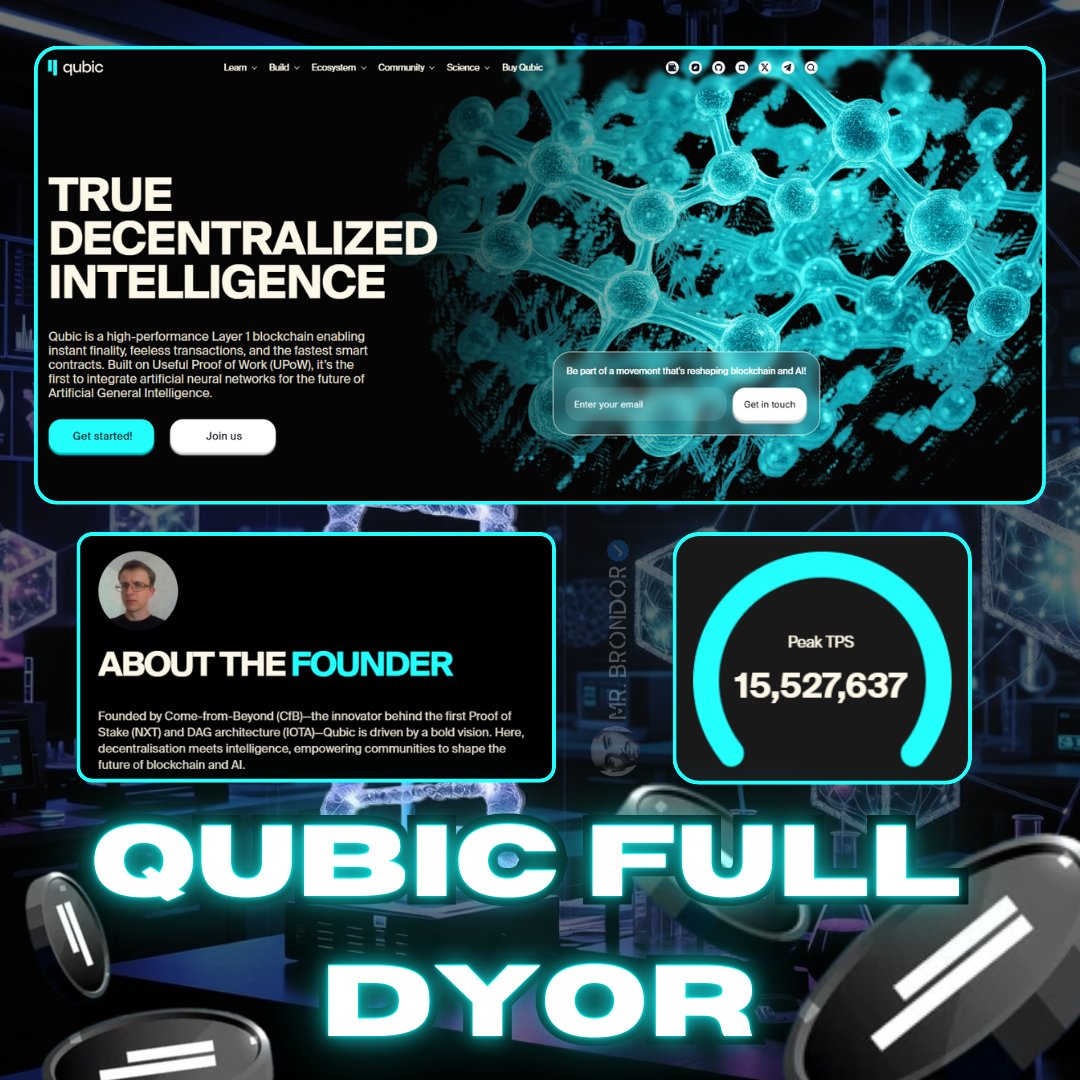 MrBrondorDeFi's tweet photo. 💠 MR. BRONDOR FULL DYOR - @_Qubic_ AI REVOLUTION 

Let me tell you about a project most of CT is sleeping on

$QUBIC is not your average AI narrative play G (thanks to a Tribe member for the shill)

This is infrastructure, built by the guy who created Proof of Stake for NXT and DAG architecture for @iota 

Sergey Ivancheglo, aka Come-from-Beyond, started this in 2012 and launched mainnet in 2022

Fair launch, no premine, no ICO, no VC bags hanging over your head

Pure community driven from day one

Here's what makes it different btw 👇

Traditional mining wastes energy on useless calculations

$Qubic flips that with Useful Proof of Work, redirecting mining power toward actual AI training 👀

They literally tested this by mining $MXR a.k.a. Monero on the network without breaking anything

@CertiK certified it as the FASTEST blockchain, peaking at 15.52M txs X sec

Feeless transactions, instant finality, works even offline

676 Computors running quorum-based consensus, you need 451+ to agree on anything

Decentralized enough that no single entity can control more than 1/676th of the network

Early 2026 they launched protocol-native Oracles, no third party trust needed

Smart contracts can now access real world data verified by the same Computors 🥷

This unlocks DeFi, prediction markets, data-driven dApps

Their AI system Aigarth is targeting full integration by spring 2026

We're talking evolving AI through neuromodulation and collective intelligence

AGI research papers already gaining traction

Tokenomics are interesting

Max supply 200 trillion but reduced 80% through burns and halvings

Circulating around 135 trillion, total supply 165 trillion

Burns coming from IPOs, execution fees, oracle fees, even XMR mining

Next halving August 2026

$QUBIC deserves a spot on your radar IMO

LEGIT TEAM + LEGIT PRODUCT + LEGIT PROOFS

DYOR, not financial advice, you know the drill

But I'm watching this one closely G

-Brondor