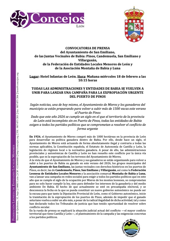 ConcejosdeLeon's tweet photo. Convocatoria de Prensa sobre el Puerto de Pinos. Mañana, 18F, a las 10:15 en el Infantas de León. presentación de la campaña sobre el Puerto de Pinos, Un siglo de ocupación ilegal. #Leonesp #BabiaesLeon #StopOcupacionBabia https://t.co/Bb5YmnU0sJ