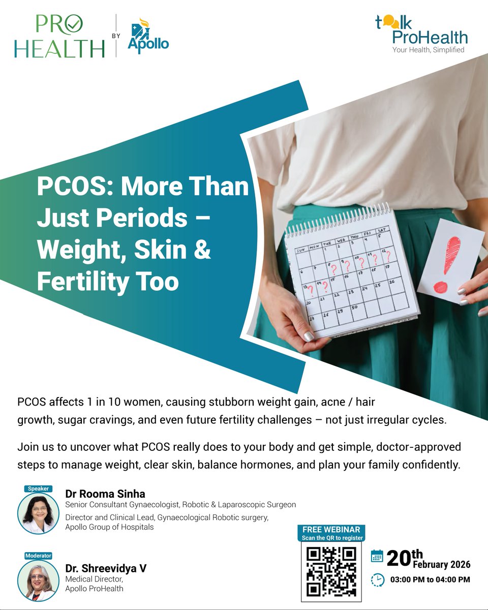 HospitalsApollo's tweet photo. PCOS affects 1 in 10 women and it’s more than irregular periods.
Weight gain, acne, hormone imbalance & fertility concerns get expert, doctor-approved guidance to manage it better.
20 Feb 2026 | 3–4 PM
Register: https://t.co/y4p32uoPTZ
#PCOS #ApolloHospitals #TalkProHealth https://t.co/7nB4hbb5H0