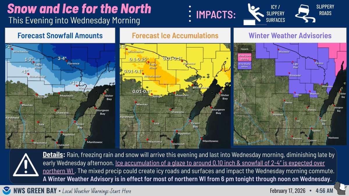 Snow and ice tonight into Wednesday over northern WI, while areas farther south see mainly rain.  A Winter Weather Advisory has been issued from 6 pm tonight through noon on Wednesday. Expect hazardous travel and possible power outages. Monitor for updates. #wiwx