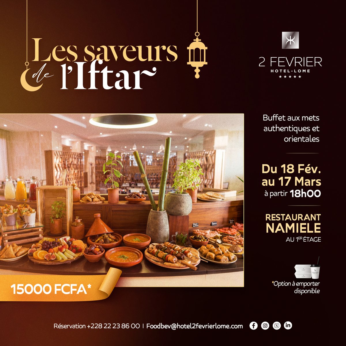 Du 18 février au 20 mars, vivez l’expérience de l’Iftar🌙 dans le cadre chaleureux et raffiné du Restaurant Namiele.

Chaque soir dès 18h00, profitez d’un buffet aux saveurs authentiques et orientales, pour faire de votre rupture du jeûne un instant de convivialité et de plaisir.