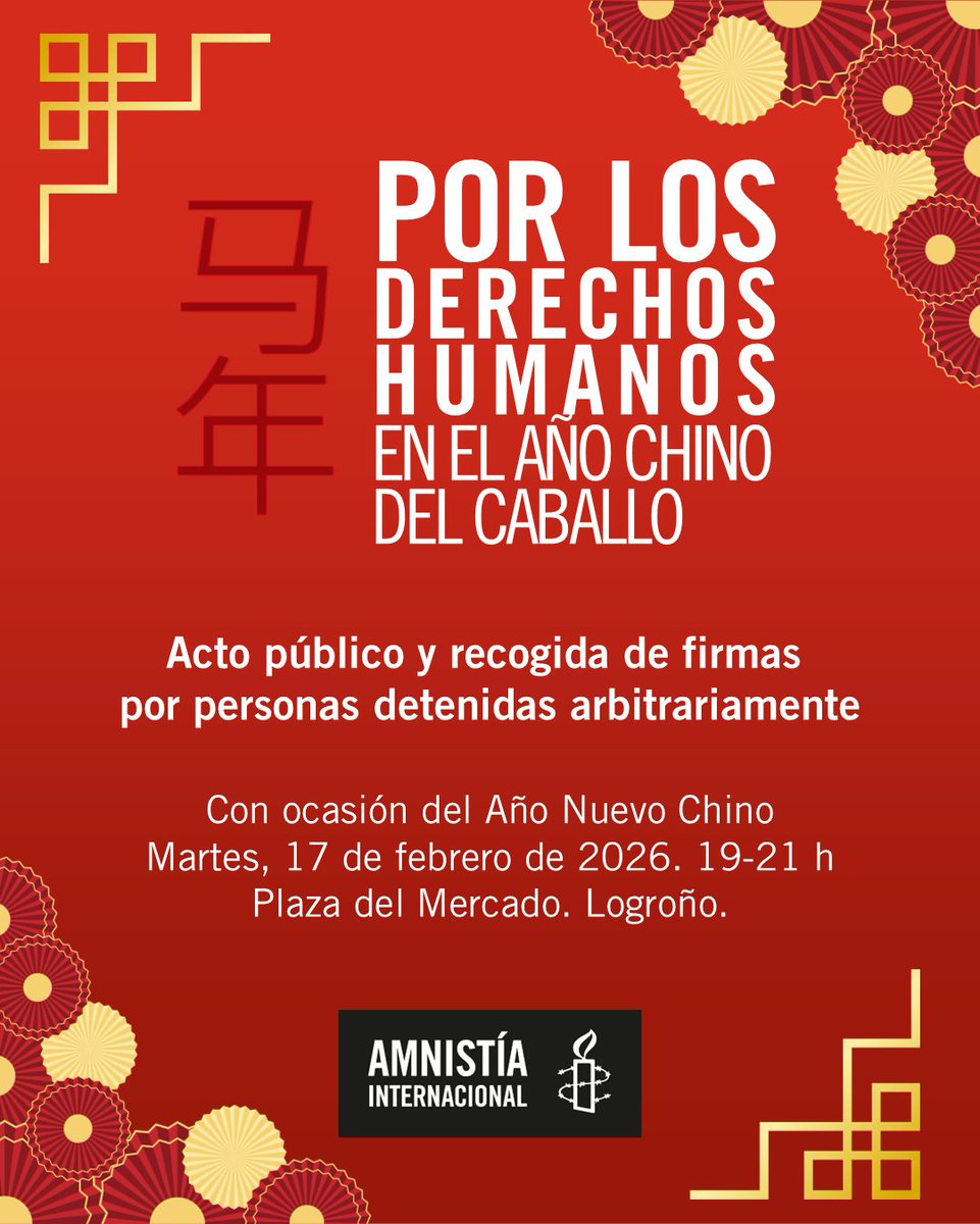 Hoy comienza el Año Nuevo Chino #AñodelCaballo y te invitamos a venir a la Plaza del Mercado de #Logroño por los Derechos Humanos en China.
<a href="/amnistiaespana/">Amnistía Internacional España</a>