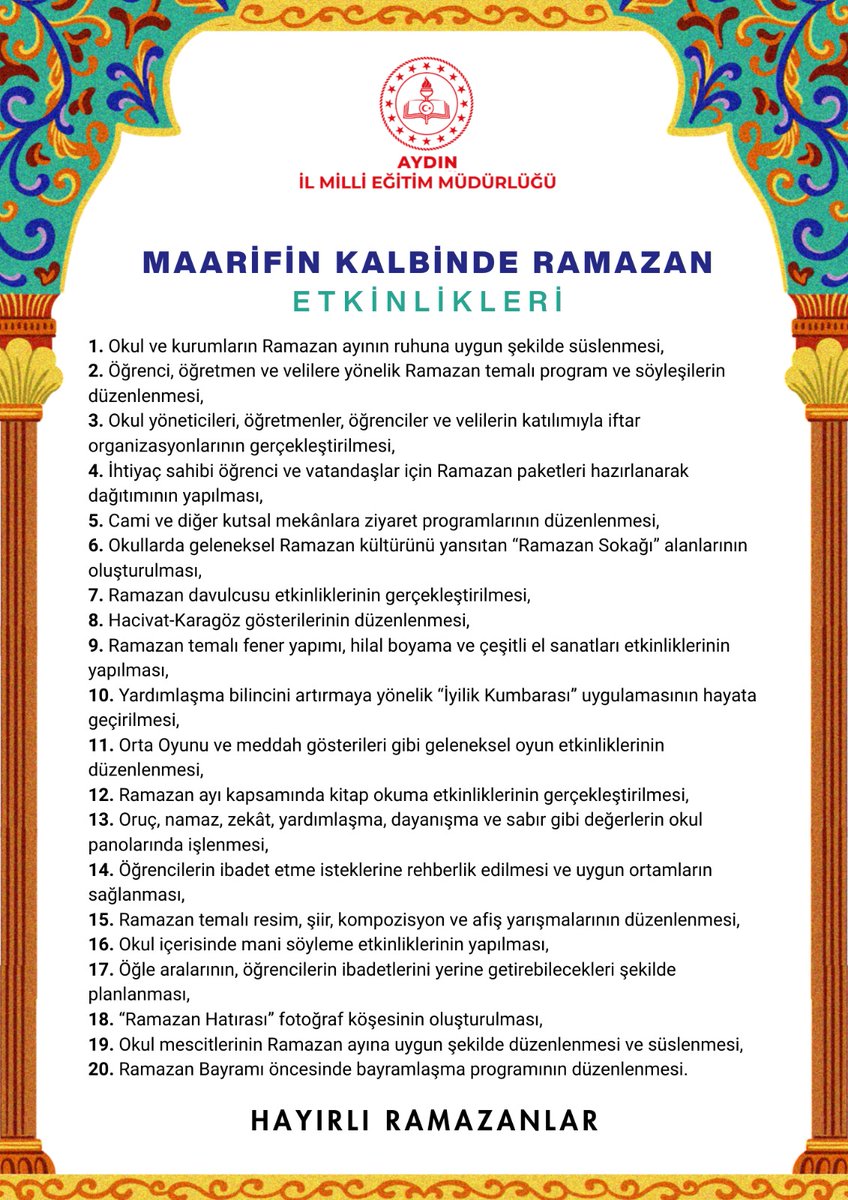 🌙Maarifin Kalbinde Ramazan Etkinlikleri 🌙

Aydın İl Millî Eğitim Müdürlüğü olarak okullarımızda Ramazan ayının manevi atmosferini birlik ve beraberlik içinde karşılıyoruz.

Süslenen koridor ve sınıflar, hazırlanan materyaller, kalpten kurulan iftar sofraları ve düzenlenen