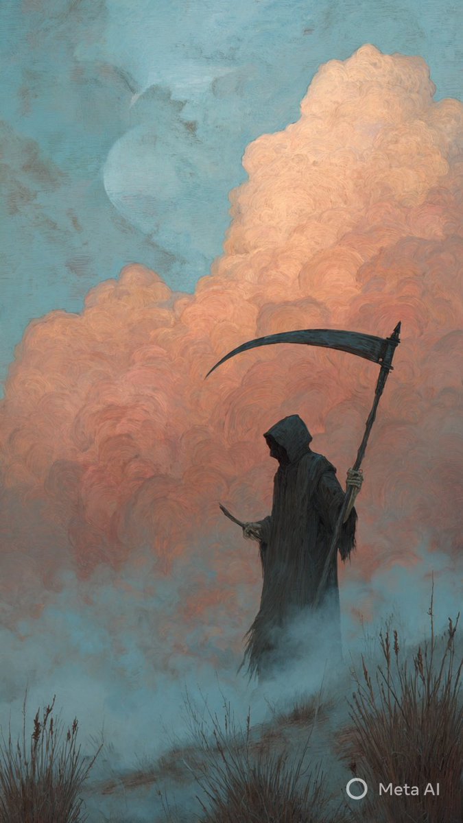 In the hush of twilight clouds, the Reaper waits - patient, eternal, and impartial.

#Reaper #DarkFantasy #digitalpainting #AIArtistCommunity