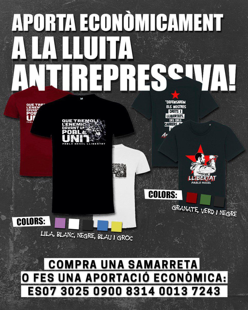 ✊ Dona suport a la lluita antirepressiva

Compra una samarreta solidària amb Pablo Hasél, poemari, llibre o fes una aportació econòmica i defensem juntes els drets i les llibertats.

🔥 La solidaritat és la nostra força.
💸 ES07 3025 0900 8314 0013 7243

docs.google.com/forms/d/e/1FAI…