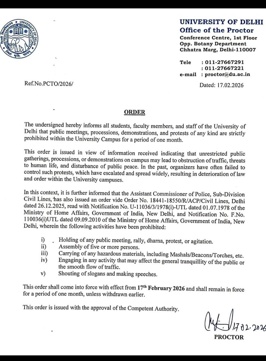 ddnewsSrinagar's tweet image. #DelhiUniversity has prohibited meetings, processions, demonstrations and protests on the university campus for a period of one month.

@UnivofDelhi