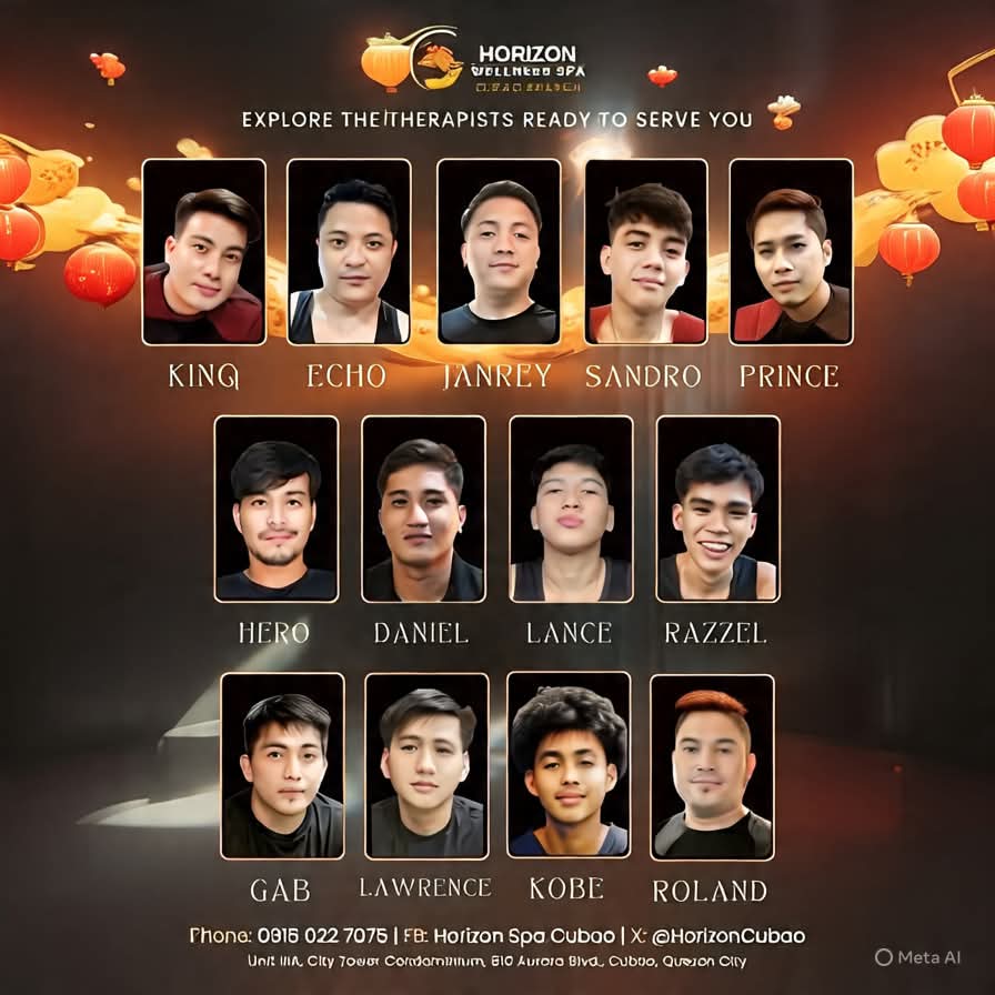 Line up for today 🎆

🧨King
🧨Echo
🧨Janrey
🧨Daniel
🧨Razzel
🧨Lawrence
🧨Roland

Book ur reservations now  and avail our discounts  for  ultimate massage .