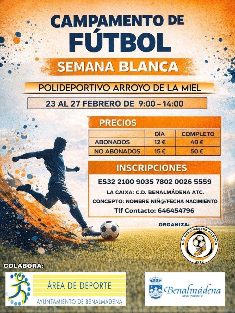 El C.D. Benalmádena Atlético, responsable de la escuela de fútbol del polideportivo de Arroyo de la Miel, organiza un campamento de Semana Blanca, más info e inscripciones en el propio club.