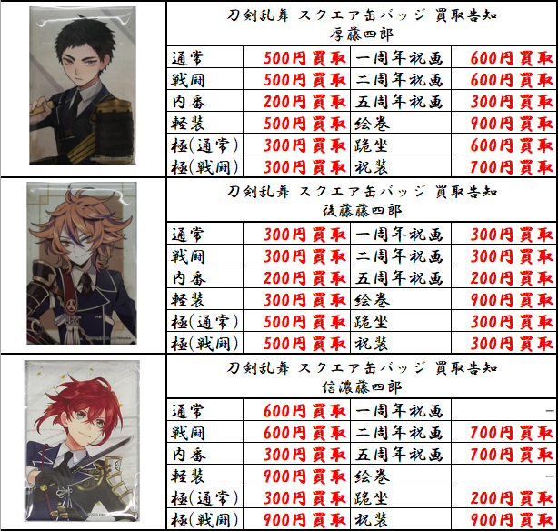 買取情報】刀剣乱舞 ・スクエア缶バッジ各種 当店の買取ご利用お待ちし