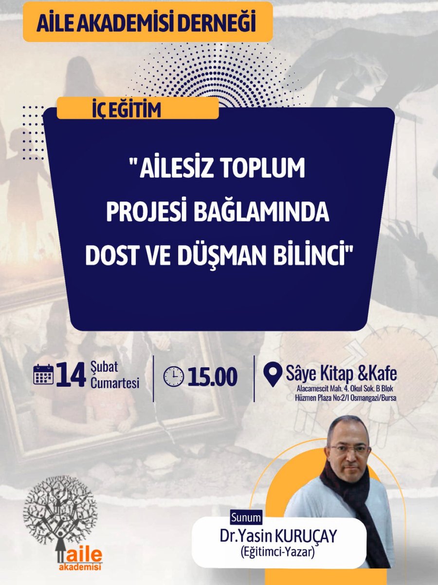 Aile Akademisi , iç eğitimler yoluyla gönüllülerinin bilinç ve farkındalıklarını geliştiriyor. Dr. Yasin Kuruçay’ın sunumuyla “Ailesiz Toplum Projesi Bağlamında Dost ve Düşman Bilinci“ konusunu konuştuk.