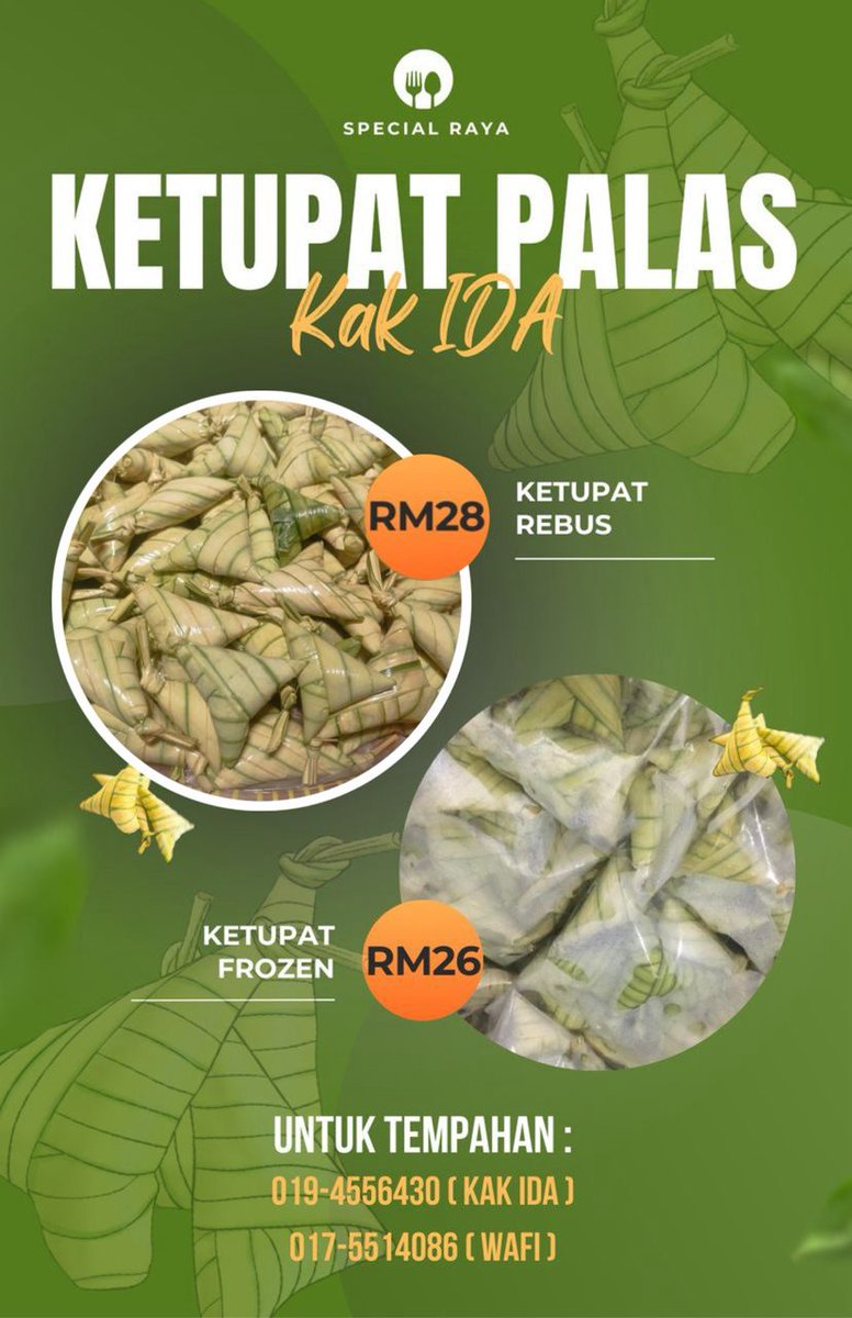 [HELP TO RT ] 

 🎀 KETUPAT PALAS KAK IDA 🎀

Orang sekitar PERLIS &amp; KEDAH 
Boleh order dengan maklang saya, Ketupat dia mmg sedap sgt tak taw nak habaq 😋 makan kosong pun rasa lemak2 dia fuhh!

Boleh buat for Berbuka &amp; stock raya🫶
#KETUPATPALASFROZEN