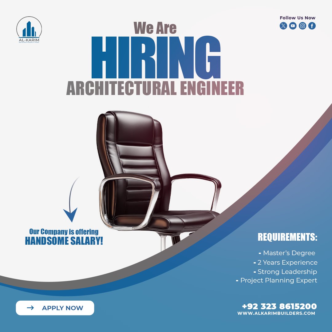 We Are Hiring | Architectural Engineer
Location: On-Site | Multan

Al-Karim Architects &amp; Builders is looking for a qualified and experienced Architectural Engineer to join our growing team.
