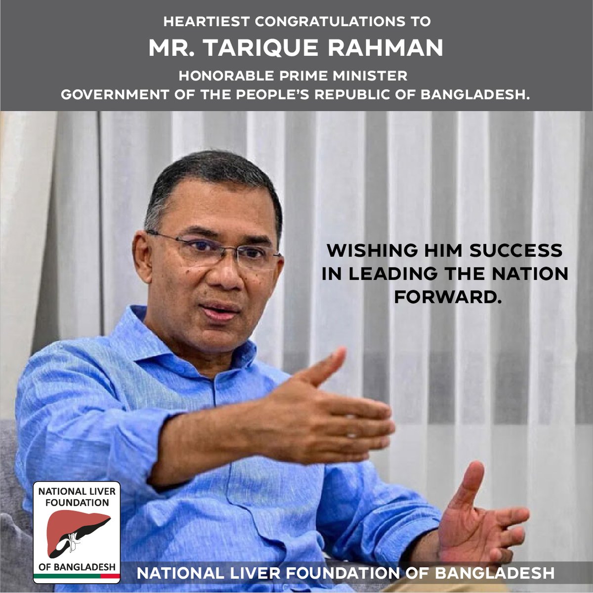 profmohammadali's tweet photo. Heartiest congratulations to Mr. Tarique Rahman ( @trahmanbnp ) , Honorable Prime Minister, Government of the People’s Republic of Bangladesh🇧🇩. Wishing him success in leading the nation forward. 

#TariqueRahman https://t.co/cngQg4h8jG
