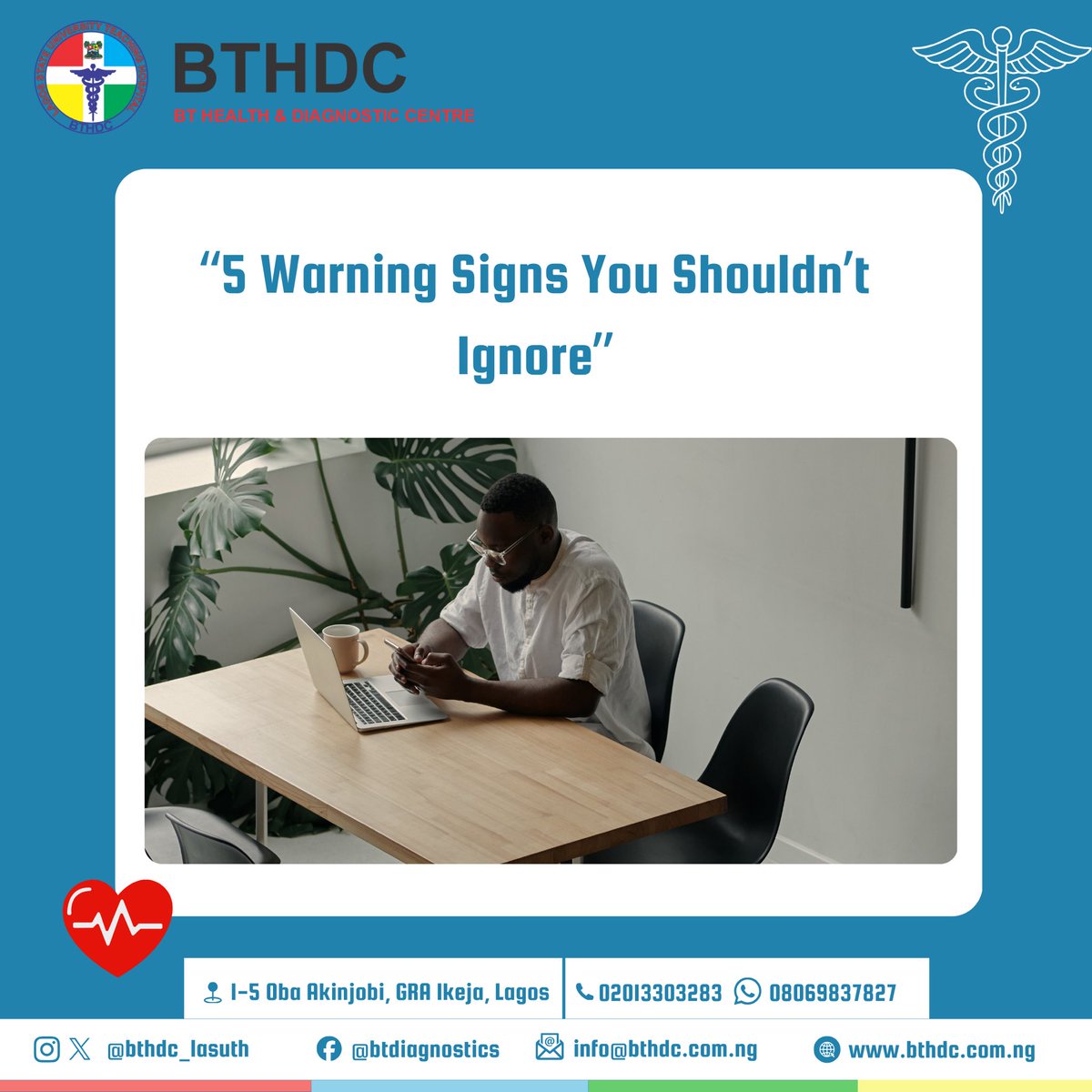 BTHDC_LASUTH's tweet photo. Your body always sends signals before a major health issue.
Here are 5 warning signs you should never ignore
If youโre experiencing any of these, donโt self-medicate.
Early diagnosis saves lives.
๐ Book an appointment today.
#HealthTips #BTHDC #PreventiveCare #Wellness https://t.co/qvJfS1n2nt