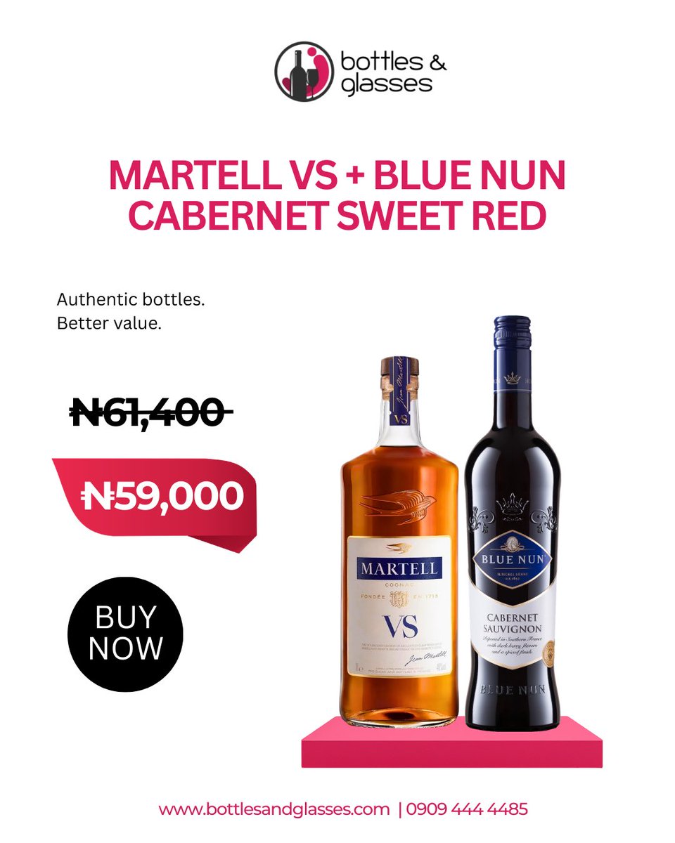 Authentic bottles at even better prices. ✨

Get this week’s deal: Martell VS &amp; Blue Nun Cabernet Sweet Red for ₦59,000 ONLY!

Visit any of our physical stores to shop now or click on the link in our bio. 

#bottlesandglasses 
#drinkStoresInLagos