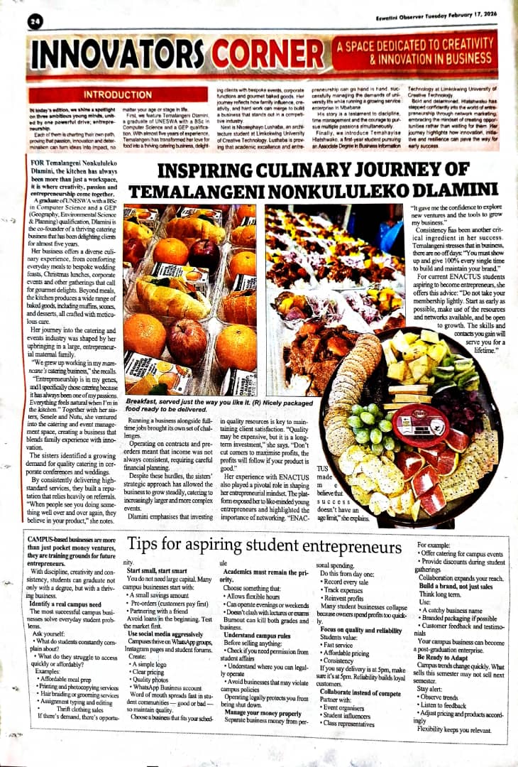 #TiniX #TiniTwitter Do grab urself a copy of today's Eswatini Observer so you can read about my culinary journey&amp;how the business has grown. Please don't hesitate to call on 76153553/76952939 for all ur events &amp; catering needs

Please RT, my next client might be on ur TL 🙏🏾