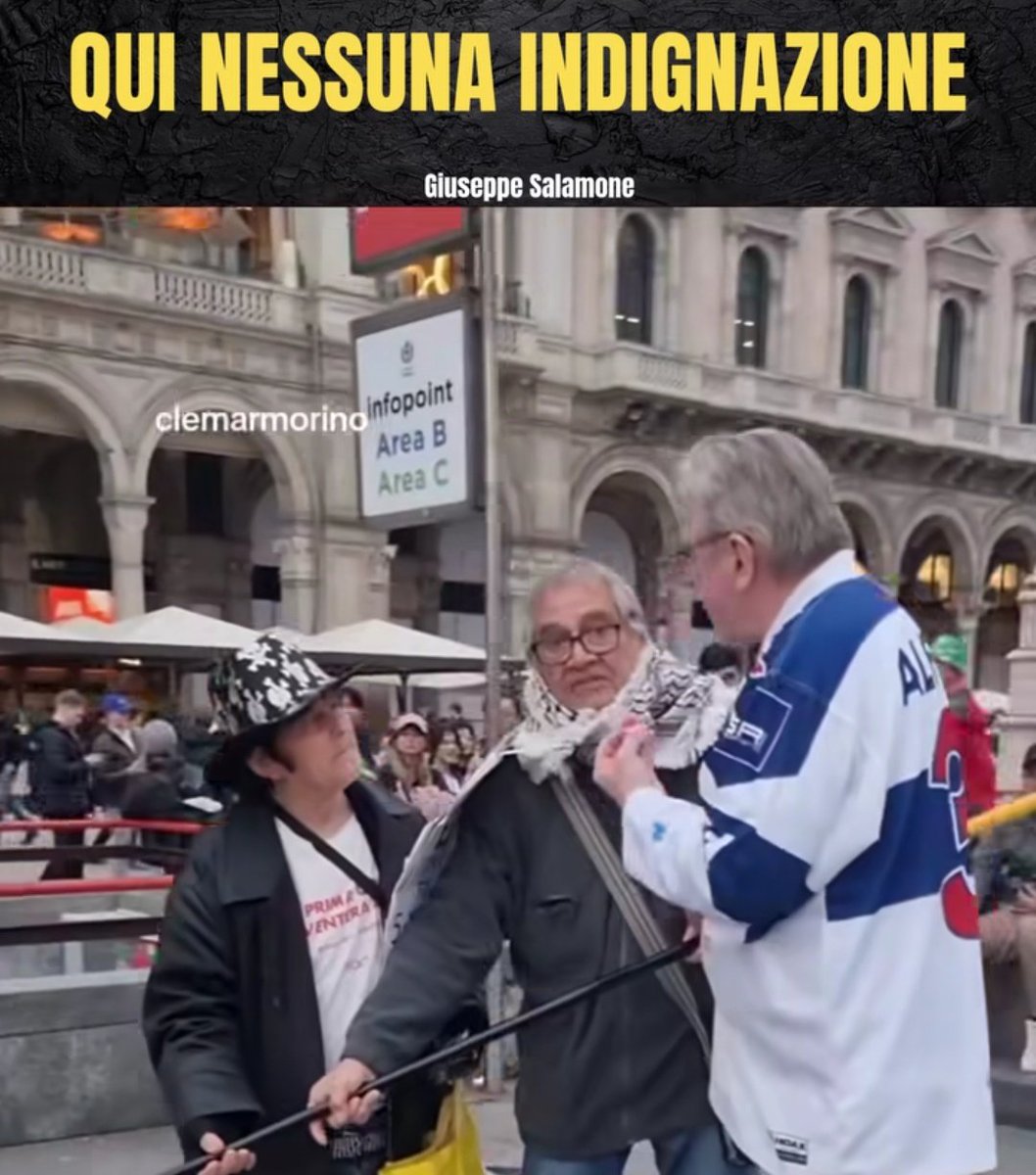 OrNella645587's tweet image. Milano in pieno centro un lurido schifosa criminale sionista aggredisce e minaccia un anziano signore cercando di tirargli via la bandiera palestinese
E i servi sovranisti italiani muti,  mentre chi dice free Palestina viene allontanato e licenziato
youtube.com/shorts/wIbBfvA…