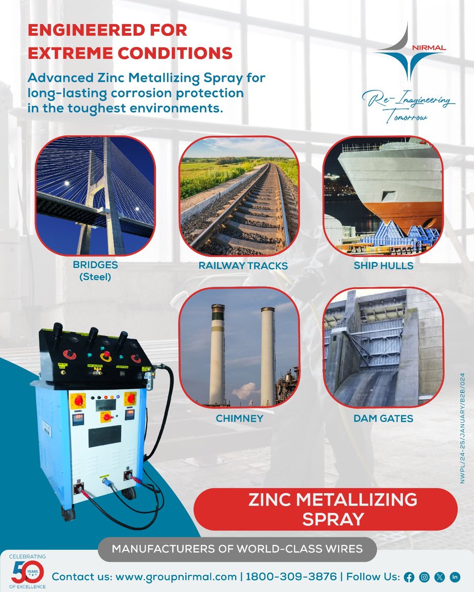NirmalWires's tweet image. 𝐙𝐢𝐧𝐜 𝐌𝐞𝐭𝐚𝐥𝐥𝐢𝐳𝐢𝐧𝐠 𝐒𝐩𝐫𝐚𝐲 delivers superior corrosion protection for steel structures operating in the harshest environments — from bridges and railway tracks to ship hulls and dam gates.

#NirmalWires #GroupNirmal #giwire #zincspray #metallizing