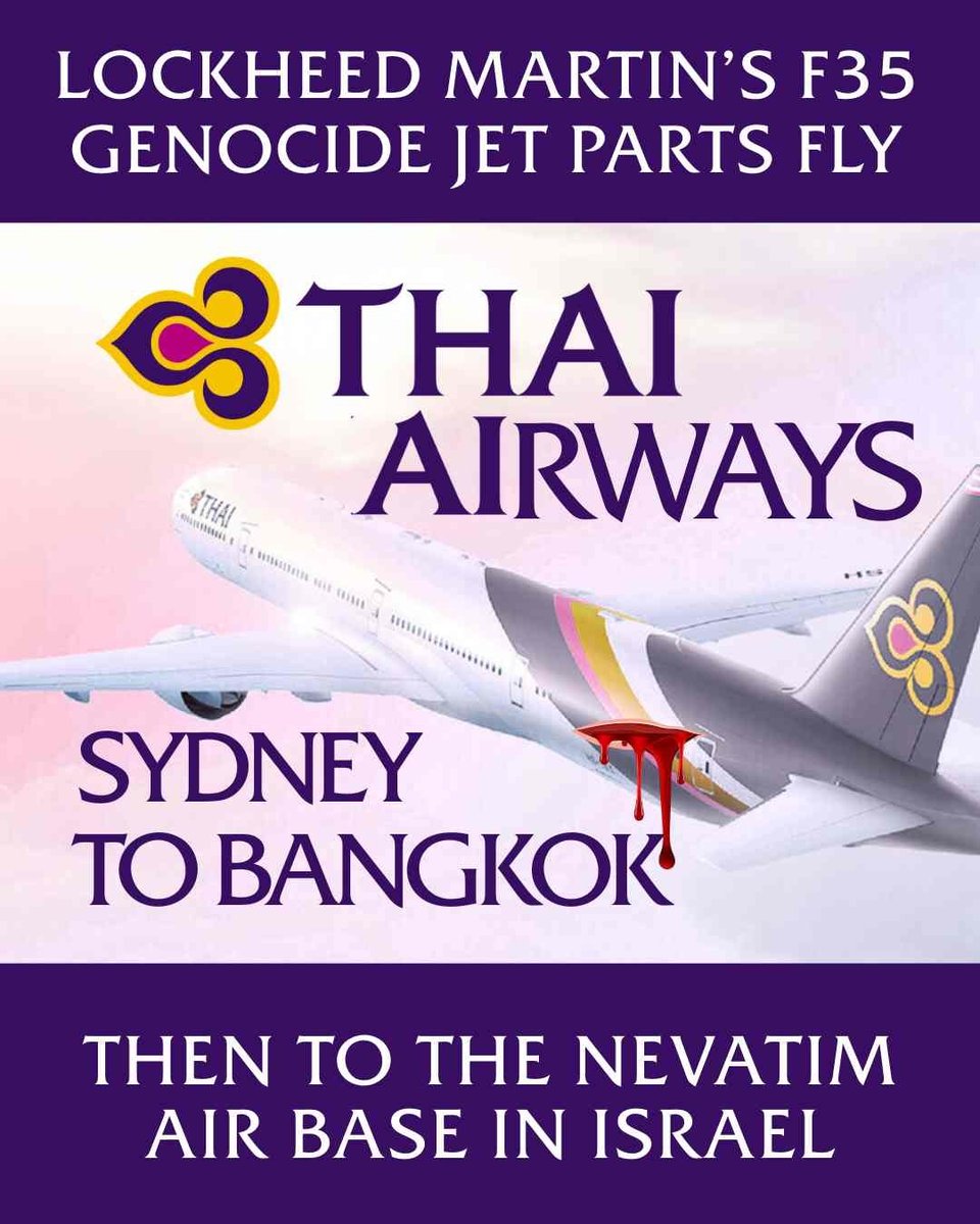 wagepeaceau's tweet photo. Thai Air Flies Death to Gaza.
Sydney to Bangkok
TelAviv to Nevatim.
Every ceasefire is just a maintenance pitt stop for Israel to receive the necessary parts for the #GenocideJet.
We say NO to genocide. 
#Stopthef35s #WeaponsOuttaHere #toTheHague #StopArmingGenocide https://t.co/ZkesW249U7