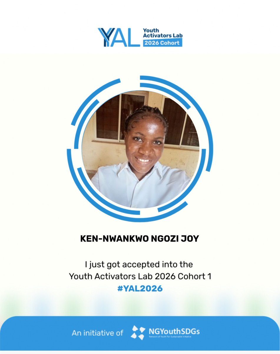 ngozi_ken's tweet photo. Thrilled to share that I’ve been accepted into Cohort 1 of the 2026 Youth Activators Lab (YAL) as an Associate with NGYouthSDGs 🎉
Grateful for this opportunity to learn, collaborate, and drive meaningful community impact. 
#YouthLeadership #SDGs #Changemaking 
@NGYouthSDGs https://t.co/iaNgGz2n12