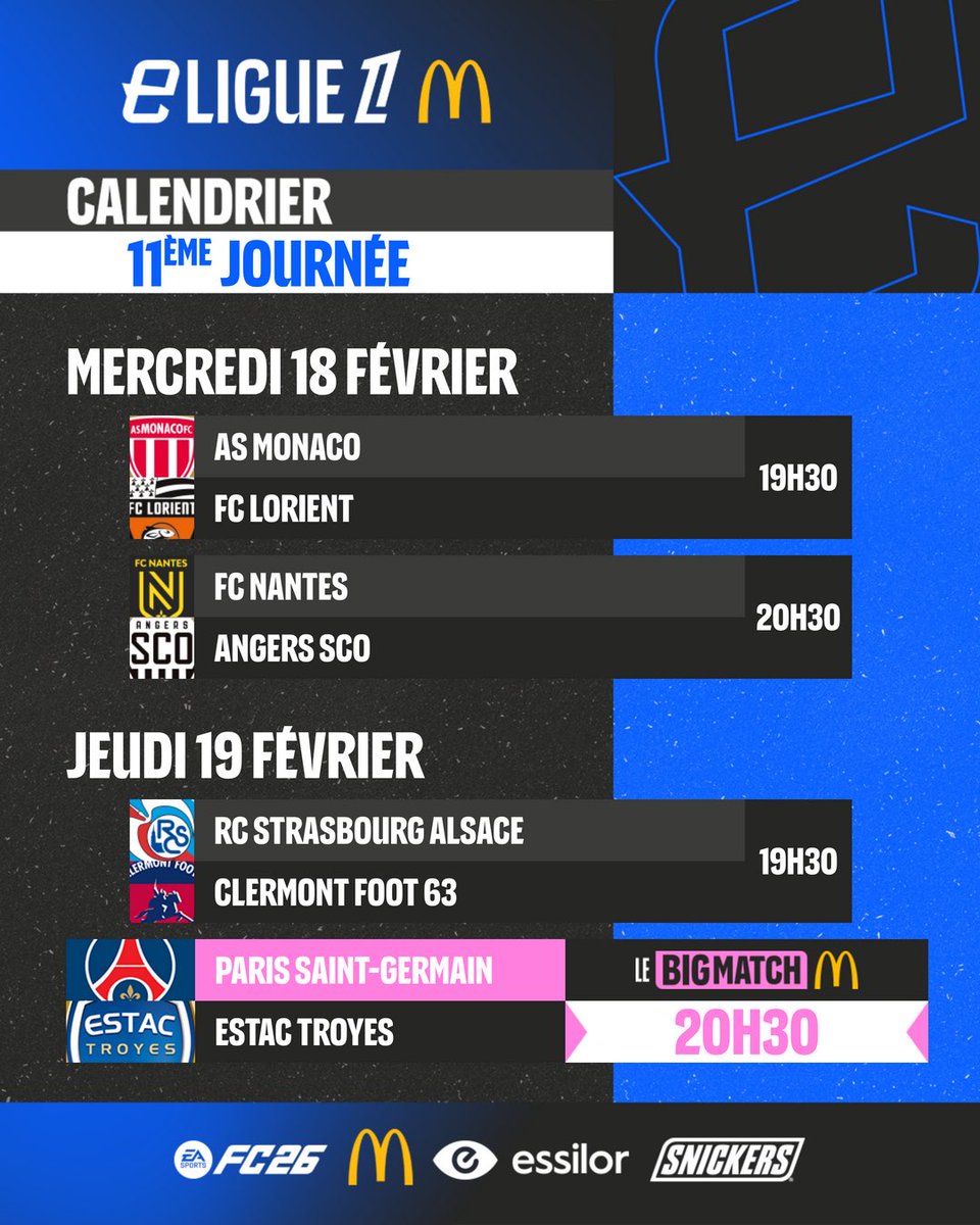 Le calendrier de la 11 ème journée avec de gros chocs ! 👀

📅 Rendez-vous demain soir avec un duel entre l’<a href="/ASMonacoEsports/">AS Monaco Esports</a> et le <a href="/FCL_eSports/">FC Lorient Esports</a> 🐟