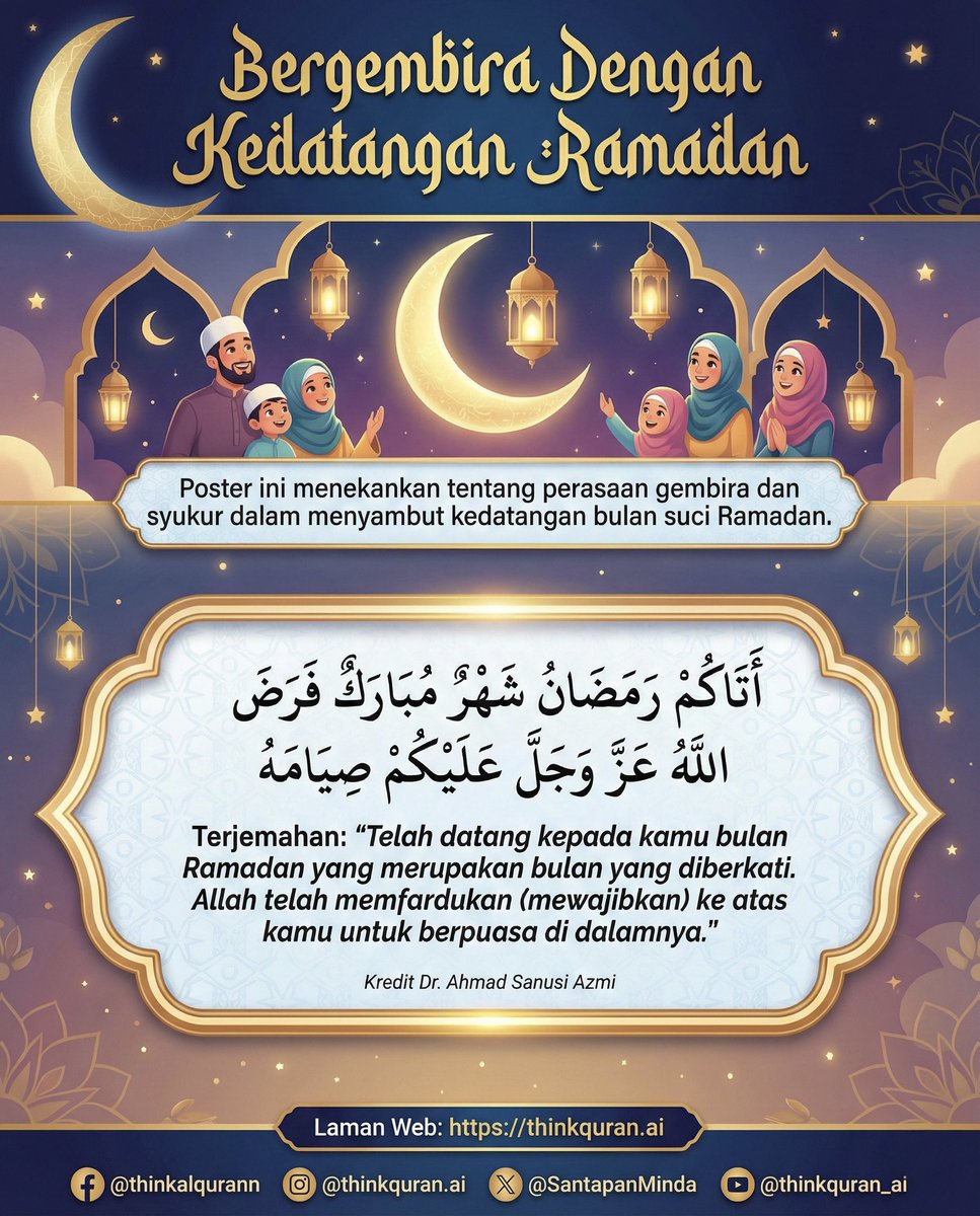SantapanMinda's tweet photo. Ada sebab kenapa setiap kali nak masuk Ramadan, kita rasa semacam satu aura 'bahagia'. 

Rupa-rupanya, menzahirkan kegembiraan itu sendiri adalah sunnah! 

Mengikut perkongsian Dr. Ahmad Sanusi Azmi, Rasulullah SAW sendiri akan menyampaikan berita gembira kepada para sahabat setiap kali Ramadan tiba. Kenapa baginda SAW gembira?

1. Pintu langit dibuka & pintu neraka ditutup.
2. Allah wajibkan puasa sebagai hadiah keberkatan.
3. Ada satu malam yang lebih baik dari 1000 bulan (Lailatul Qadr).

Al-Imam Ibn Rajab dalam kitabnya menjelaskan, tidak salah untuk kita saling mengucapkan tahniah dan meraikan kedatangan bulan ini. Ia bukan sekadar tradisi, tapi satu motivasi untuk kita "all-out" beribadah.

Jom kita persiapkan mental dan fizikal. Jangan sampai kita jadi golongan yang "terhalang" daripada kebaikan bulan ini. 

Apa persiapan paling utama korang tahun ni? Jom share di ruangan komen.