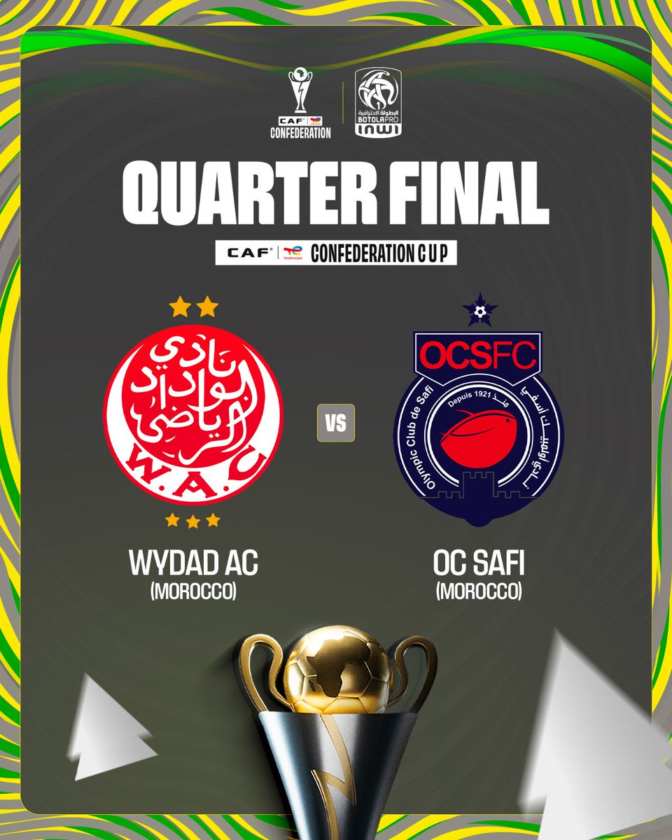 thebotolapro's tweet photo. القرعة تضع ممثلَينا الوداد الرياضي وأولمبيك آسفي في مواجهة مباشرة في ربع نهائي كأس الكونفدرالية الإفريقية

The draw sets our two representatives, Wydad AC and Olympic Safi, to face each other in the CAF Confederation Cup quarter-finals.

#BotolaProInwi #WAC #OCS #CAFDraw #CAFCC https://t.co/VUucLXKNIr