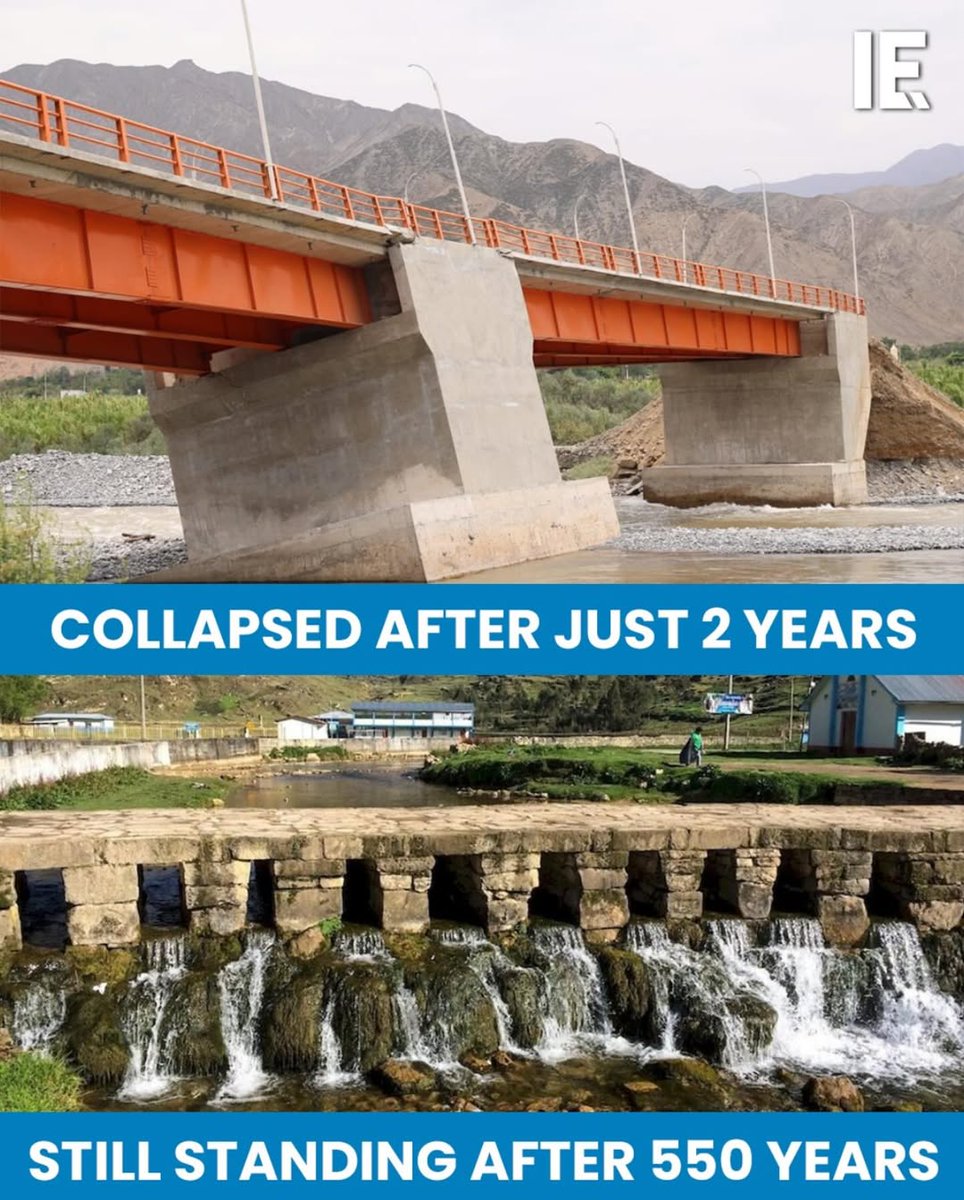 When durability speaks louder than design.
In one widely shared comparison, a modern bridge reportedly failed after just two years, while a centuries-old stone structure continues to manage water flow.
Different eras, different engineering stories.