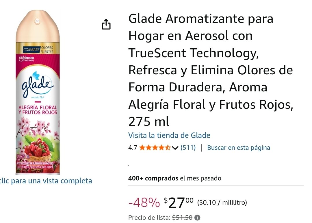 Amazon: Glade Aromatizante para Hogar en Aerosol, Aroma Alegría Floral y Frutos Rojos, 275ml

$27 con Planea y Ahorra

amzn.to/4kEnSXT

Vendido y enviado por Amazon México.