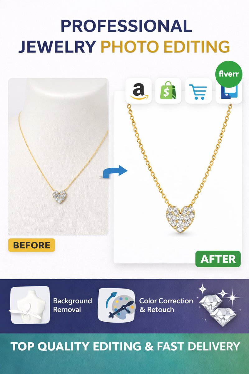 EditilabStudio's tweet photo. Professional Jewelry Photo Editing Services 

Turn your ordinary jewelry photos into stunning, high-end product images!

💎 Background Removal
🎨 Color Correction &amp; Retouch
🔍 Detail Enhancement
⚡ Fast Delivery
🏆 Top Quality Results
Perfect for Amazon, Shopify, eCommerce https://t.co/O45ztYkmds