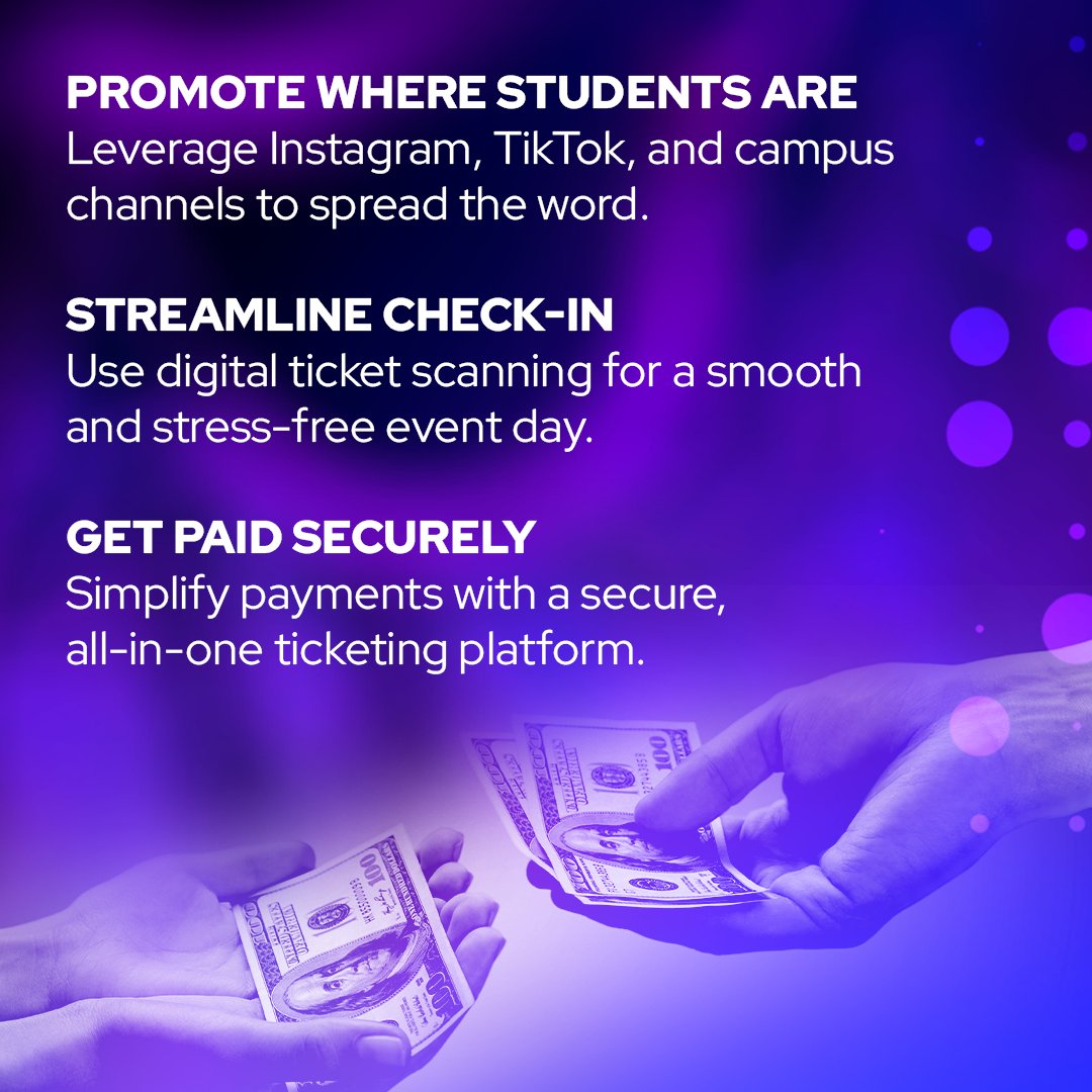 ticketleap's tweet photo. Planning your next campus event? 🎓  Selling tickets for your student club has never been easier! Learn how to use tiered pricing and social media to boost your ticket sales and create buzz.✨ https://t.co/rLsY75r4Gr
