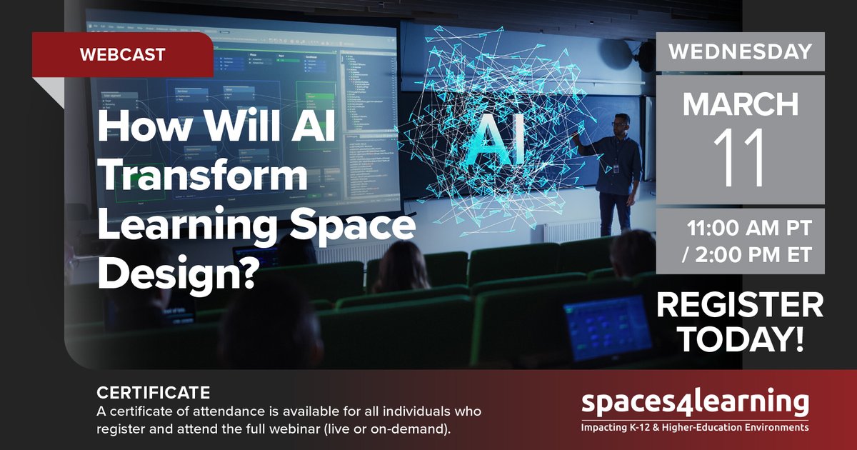 JosiahWay's tweet image. I'm looking forward to joining the @S4Lmedia panel on how AI will transform learning space design alongside Andy Vogel, Craig Park, and Byron Tarry. This is sure to be a great conversation.

Register today: spaces4learning.com/webcasts/2026/…

#highered #edtech #avtweeps #higheredav #hetma